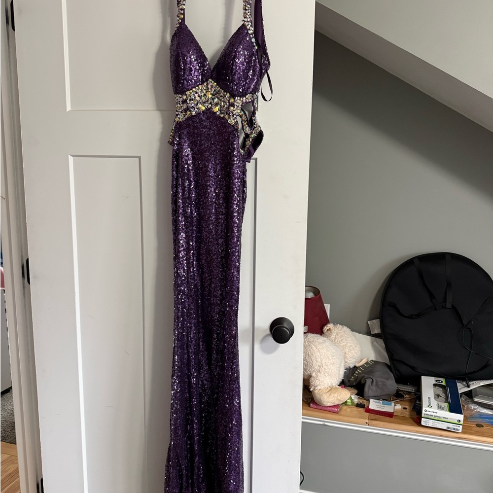 Purple Sequin Gown with Embellished Waist